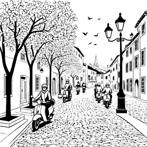 Vielfältige Mopeds auf der malerischen Altstadtstraße Ausmalvorlage für neugierige Entdecker