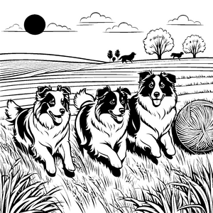 Drei fröhliche Australian Shepherds im lebhaften Gras Ausmalbild für junge Hundefreunde