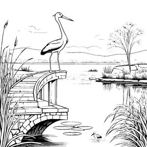 Eleganter Storch auf malerischer Brücke Ausmalbild für fantasievolle Künstler