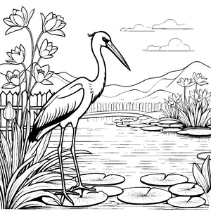 Eleganter Storch auf einem Teich Ausmalvorlage für neugierige Naturfreunde