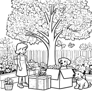 Fröhliches Mädchen mit bunten Geschenken Ausmalmotiv für kreative Geburtstagskinder