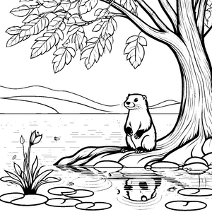 Verspielter Otter am Ufer mit fröhlichen Wasserspielen Ausmalbild für kleine Naturfreunde