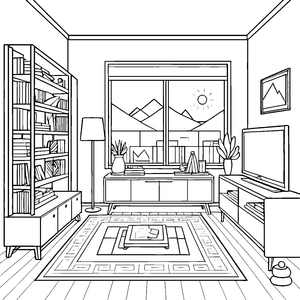 Eleganter TV-Schrank im geschmackvollen Wohnzimmer Ausmalvorlage für fantasievolle Raumgestalter