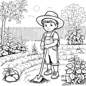 Fröhlicher Junge mit Schaufel im Garten Ausmalvorlage für kleine Naturfreunde