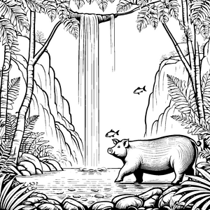 Hängebauchschwein entdeckt spritzendes Wasserfallparadies Ausmalbild für neugierige Naturfreunde