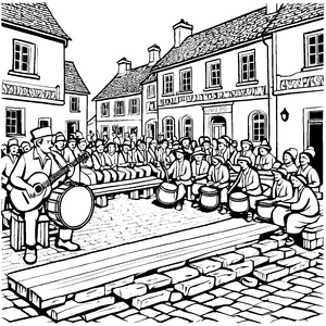 Bunten Barden mit fröhlichen Klängen im Dorf Ausmalmotiv für musikalische Abenteurer