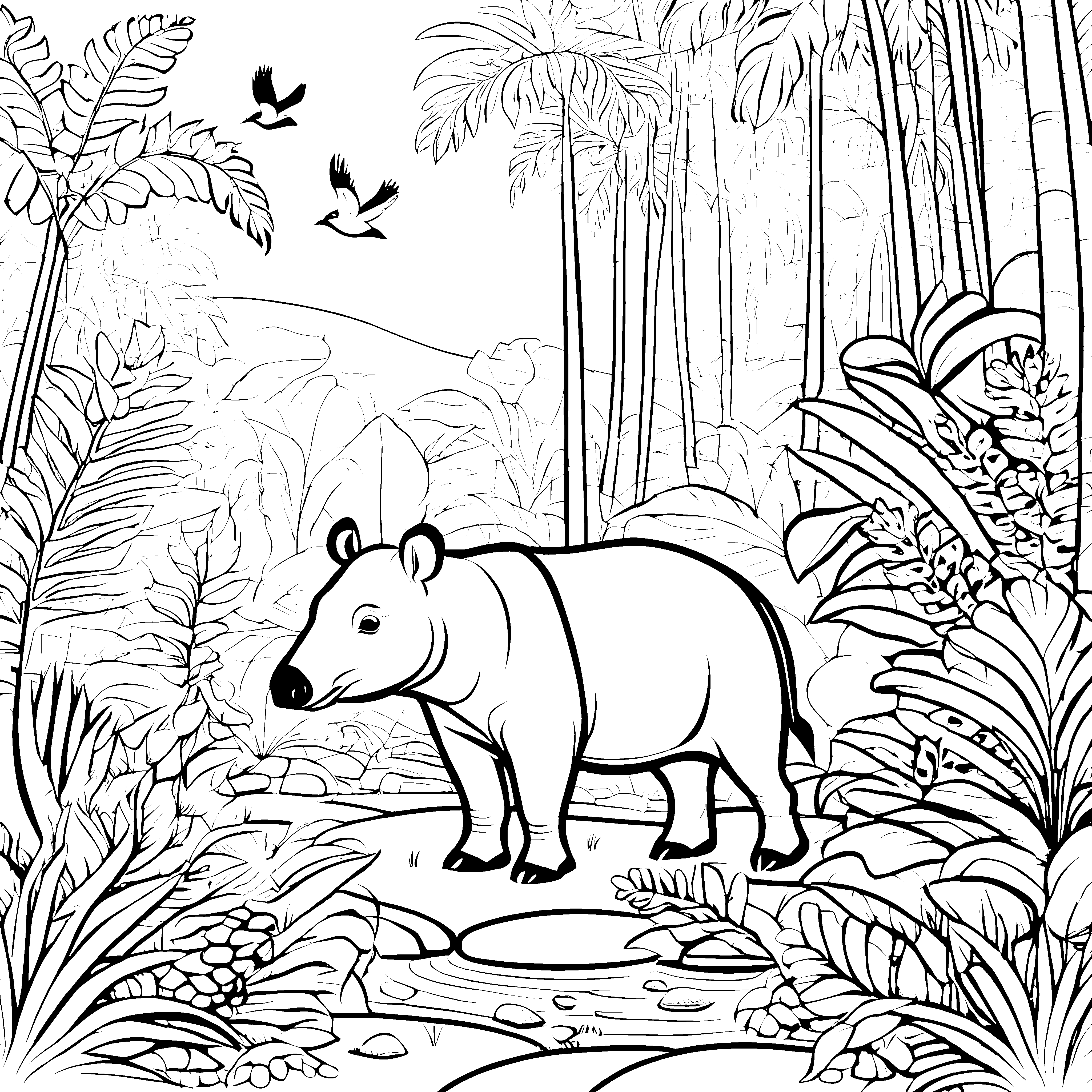 Freundlicher Tapir im schattigen Dschungel Ausmalbild für neugierige Naturforscher
