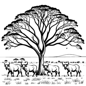 Majestätische Gnus unter schattenspendendem Baum Ausmalvorlage für neugierige Safari-Fans