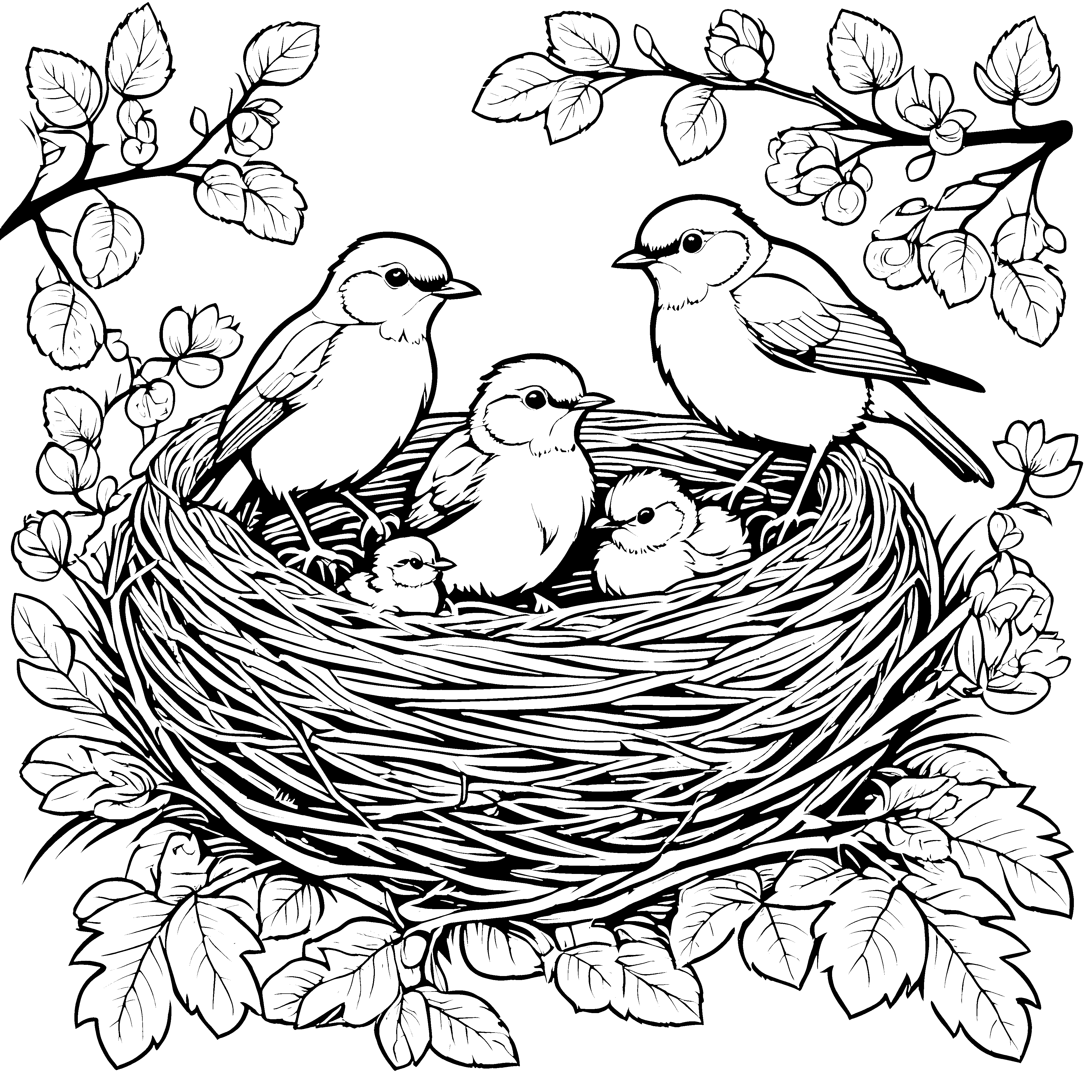 Fröhliche Vögel im kuscheligen Nest Malvorlage für neugierige Naturfreunde