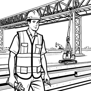 Energiegeladener Bauarbeiter mit Werkzeug auf der Baustelle Ausmalmotiv für kreative Baumeister