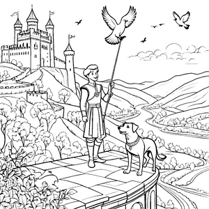 Mutiger Prinz mit treuem Hund und majestätischem Vogel Ausmalvorlage für fantasievolle Entdecker