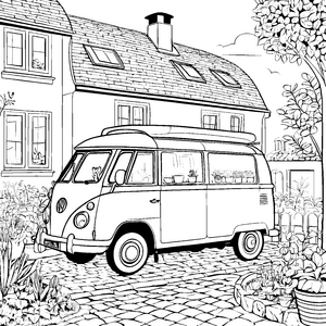 Gemütlicher Wohnwagen vor hübschem Haus Ausmalmotiv für kreative Abenteurer