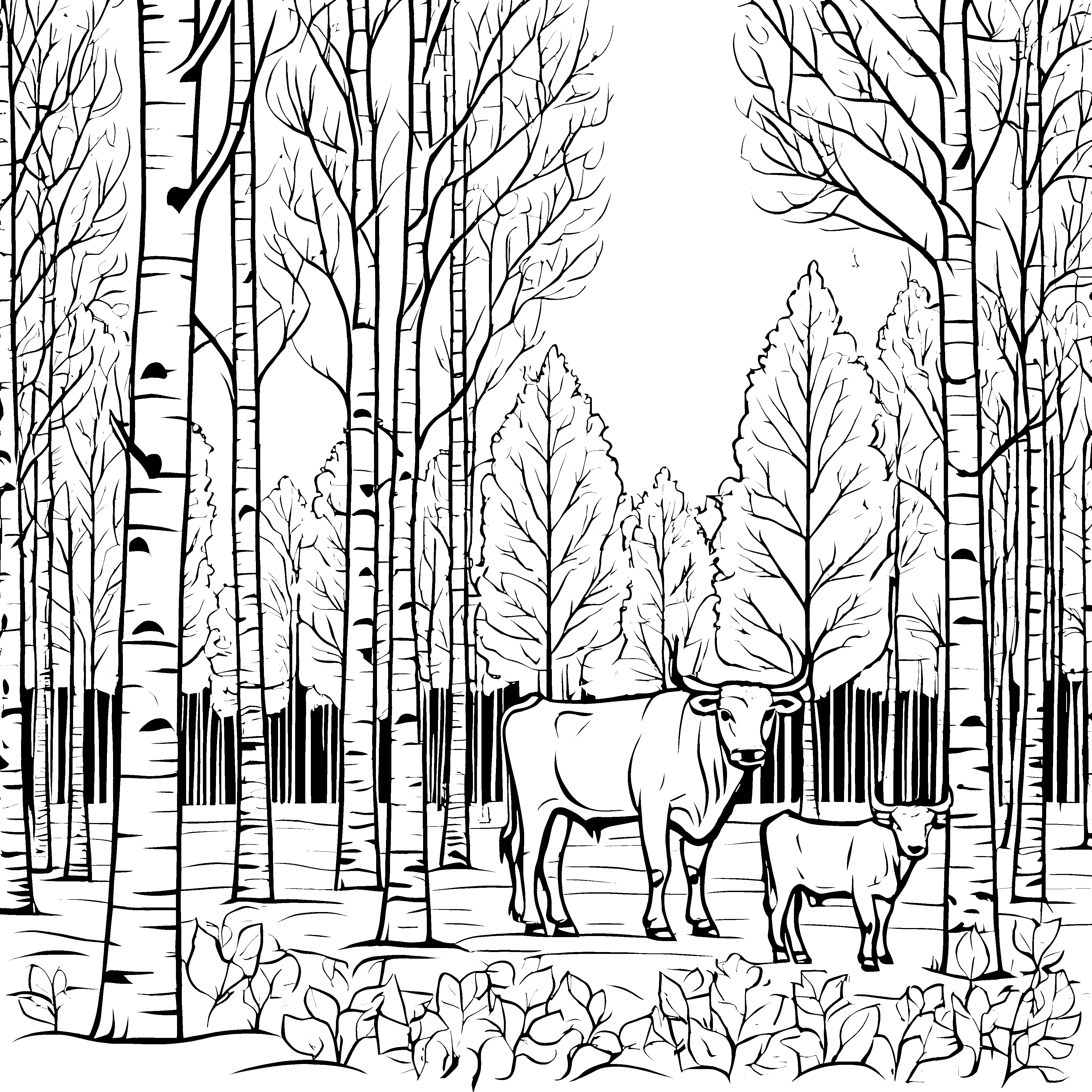 Majestätische Stiere zwischen hohen Bäumen Ausmalbild für kleine Naturentdecker
