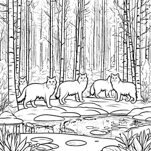 Faszinierende Norwegische Waldkatzen am glitzernden Wasser Malvorlage für kleine Tierliebhaber