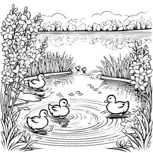 Fröhliche Entenküken beim Planschen im Teich Ausmalvorlage für kleine Wasserliebhaber