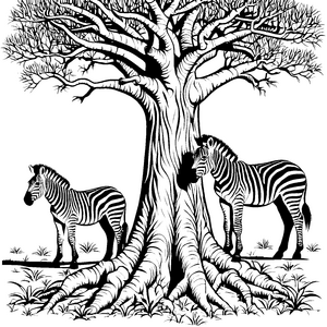 Zwei neugierige Zebra-Jungtiere unter großem Baum Ausmalmotiv für kleine Tierentdecker