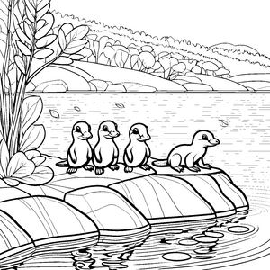 Schnabeltier-Babys auf Abenteuerreise am Teich Ausmalvorlage für kleine Naturentdecker