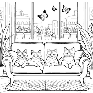 Kuschelige Schmusekatzen im Wohnzimmer Ausmalbild für heitere Tierfreunde
