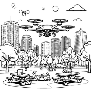 Futuristische Drohne über dem Stadtpark Ausmalvorlage für technische Entdecker