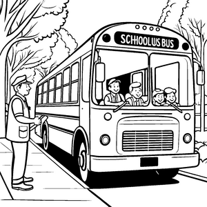 Fröhlicher Busfahrer mit lachenden Schulkindern Ausmalbild für aufgeweckte Abenteurer