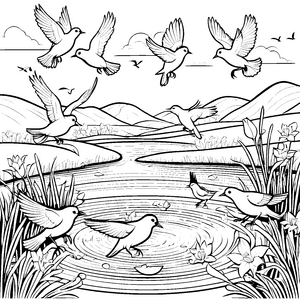 Spritzige Vögel im glitzernden Wasser Ausmalbild für fröhliche Naturkinder