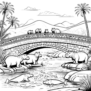 Verspielte Nilpferde unter bunter Brücke Ausmalbild für kleine Wasserfreunde