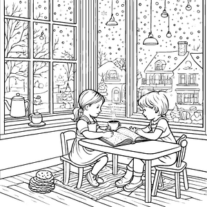 Fröhliche Kinder im Weihnachtszauber Ausmalbild für kreative Winterfreunde
