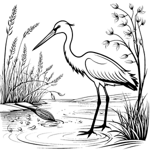 Stilvoller Storch am glitzernden Ufer Ausmalbild für kreative Naturentdecker