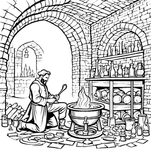 Faszinierender Alchemist bei geheimnisvollem Experiment Ausmalbild für neugierige Entdecker