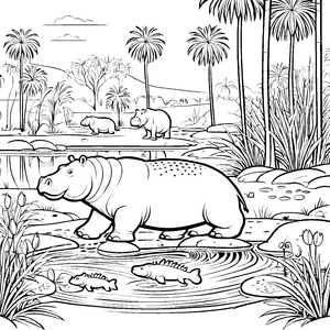 Majestätisches Nilpferd im ruhigen Wasser Ausmalbild für neugierige Wasserfreunde