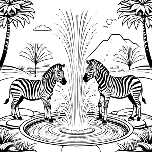 Zwei neugierige Zebras am sprudelnden Brunnen Ausmalbild für abenteuerlustige kleine Künstler