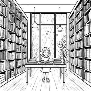 Fantasievolle Lesestunde in der gemütlichen Bibliothek Ausmalvorlage für wissbegierige Bücherfreunde