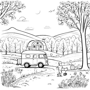 Gemütlicher Wohnwagen im malerischen Landschaftsbild Ausmalvorlage für träumende kleine Abenteurer