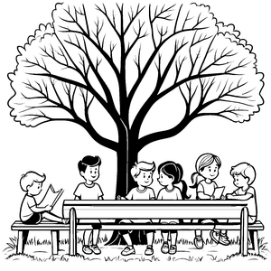 Fröhliche Kinder unter dem großen Baum Ausmalmotiv für lebhafte Entdecker