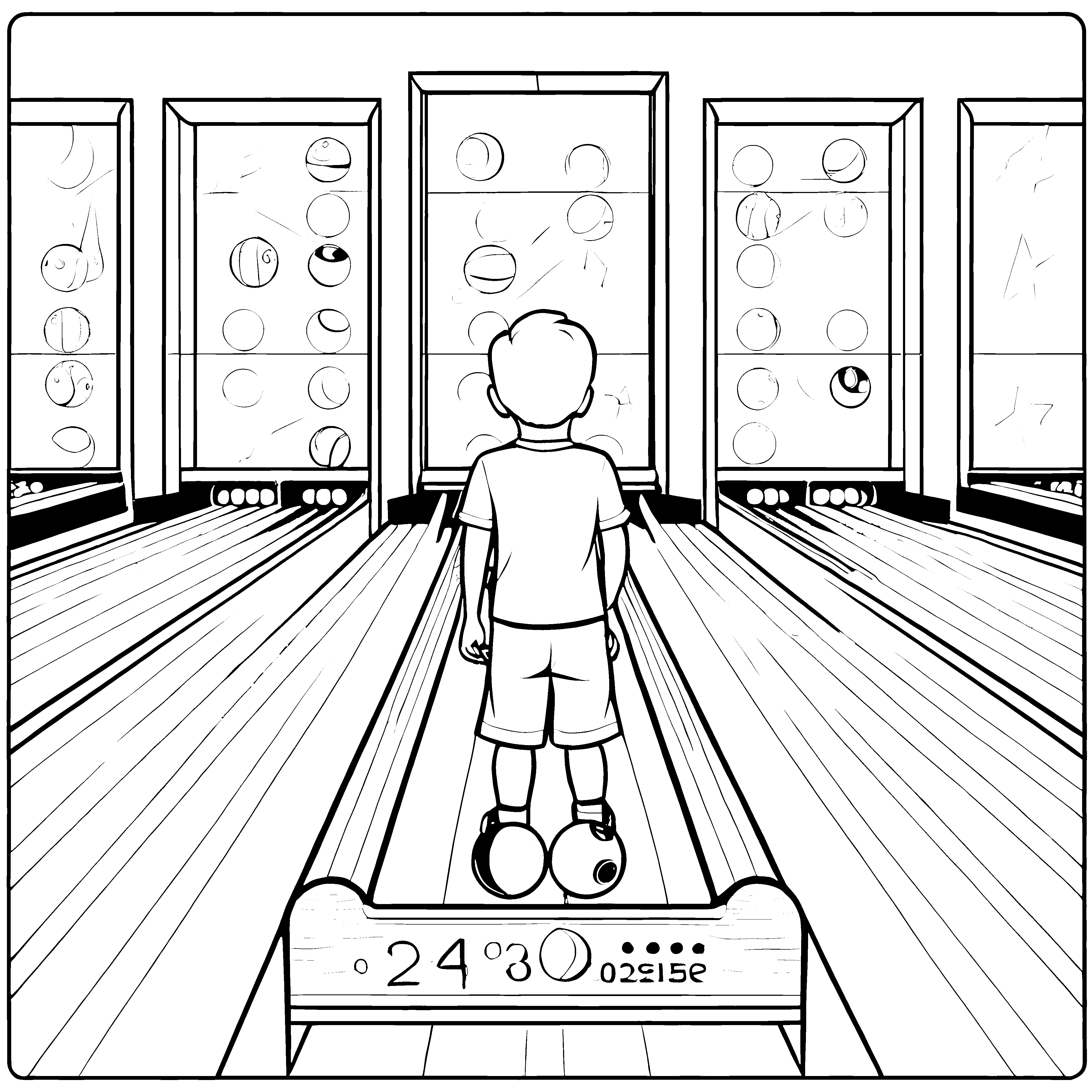 Spannende Bowlingkugeln auf der Bahn Ausmalbild für kleine Sportsterne