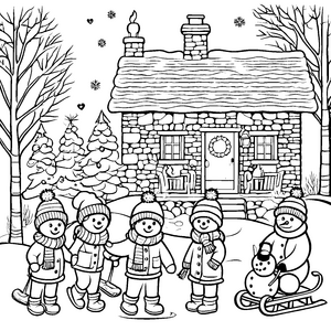 Fröhliche Kinder im Winterwunderland Ausmalbild für begeisterte Weihnachtsfreunde