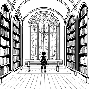 Fesselnde Bibliotheksrunde mit Blick ins Grüne Ausmalvorlage für wissbegierige Leseratten