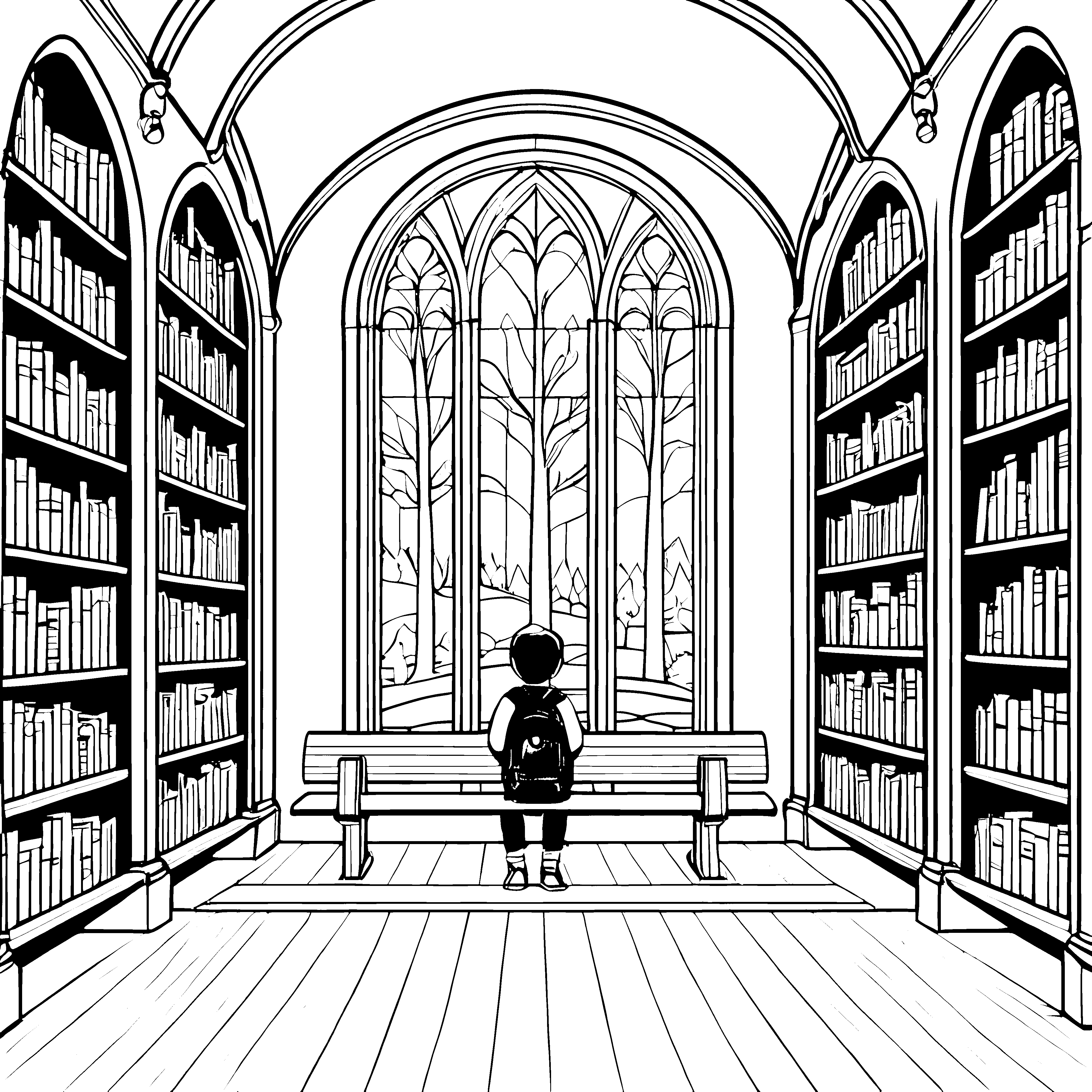 Fesselnde Bibliotheksrunde mit Blick ins Grüne Ausmalvorlage für wissbegierige Leseratten