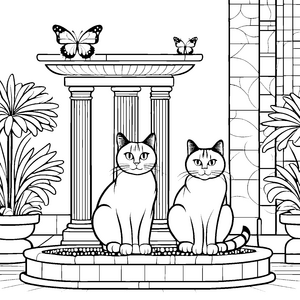 Grummelige Katzen im antiken Garten Ausmalbild für fantasievolle Entdecker