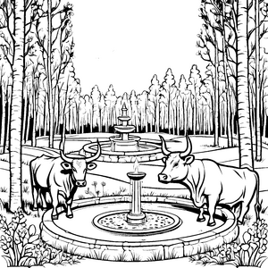 Starke Stiere am sprudelnden Brunnen Malvorlage für kleine Naturfreunde