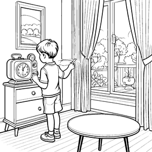 Fröhlicher Radiowecker am Fensterbrett Malvorlage für kleine Entdecker