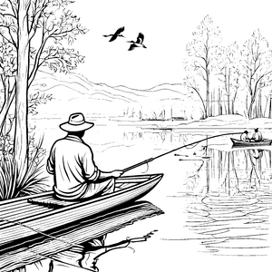 Entspannter Angler auf stillem Wasser Ausmalvorlage für abenteuerlustige Naturfreunde