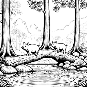 Hängebauchschweine erkunden neugierig den Wald-Ausmalvorlage für abenteuerlustige Naturfreunde