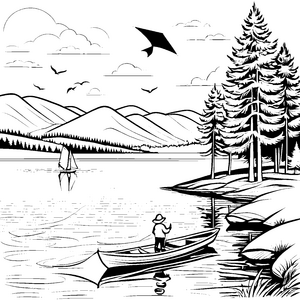Inspirierende Bootsfahrt am glitzernden See Ausmalbild für abenteuerlustige Naturentdecker