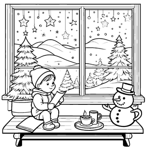 Frohe Weihnachtsstimmung am Fenster mit zauberhaftem Schneemann Ausmalvorlage für fröhliche Winterfreunde