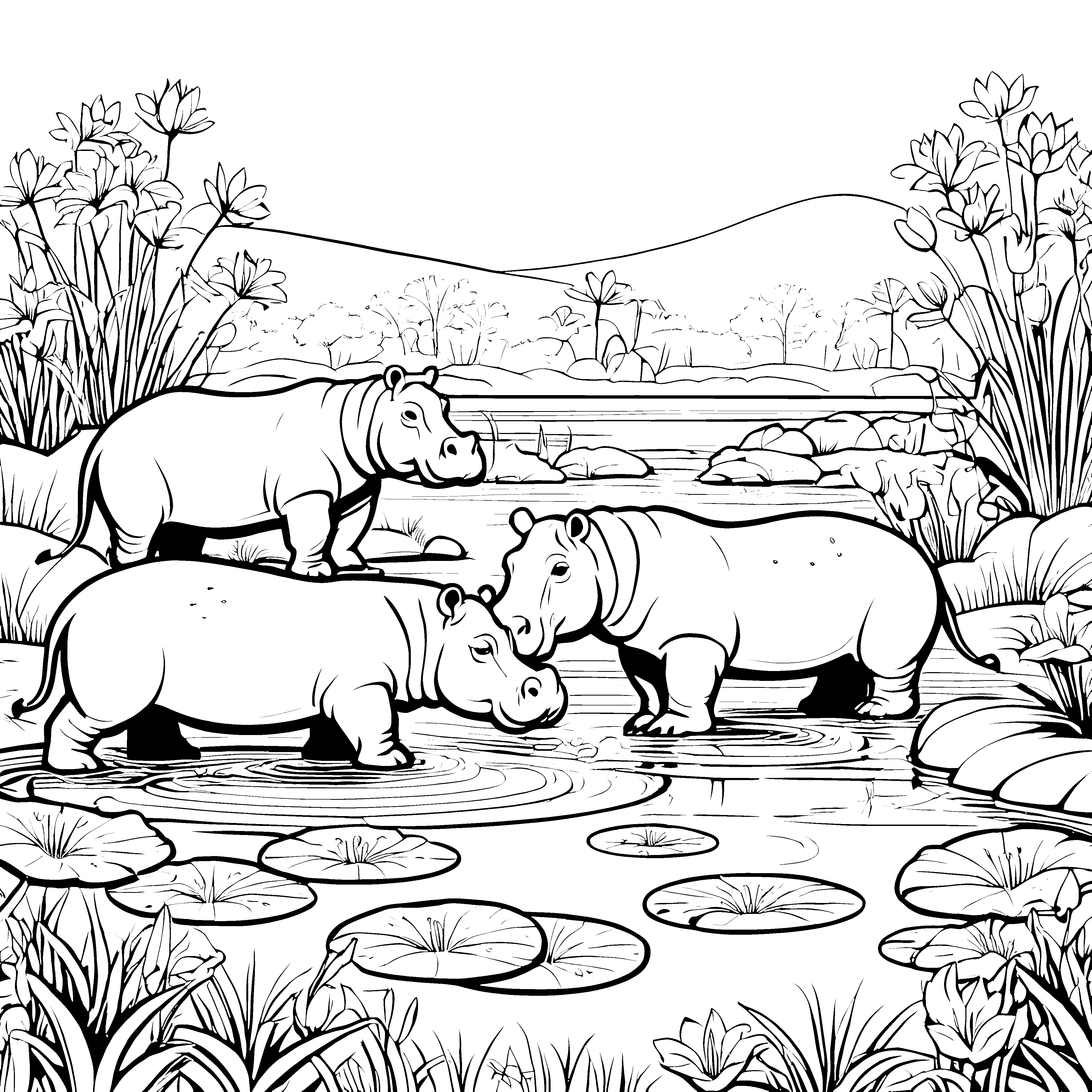 Drei fröhliche Nilpferde im plätschernden Wasser Ausmalvorlage für lustige Tierfreunde