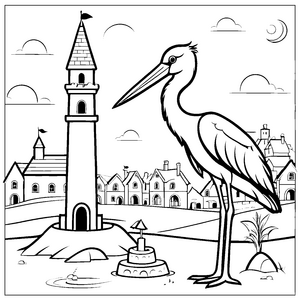 Storch vor malerischem Turm Ausmalbild für kreative Naturfreunde