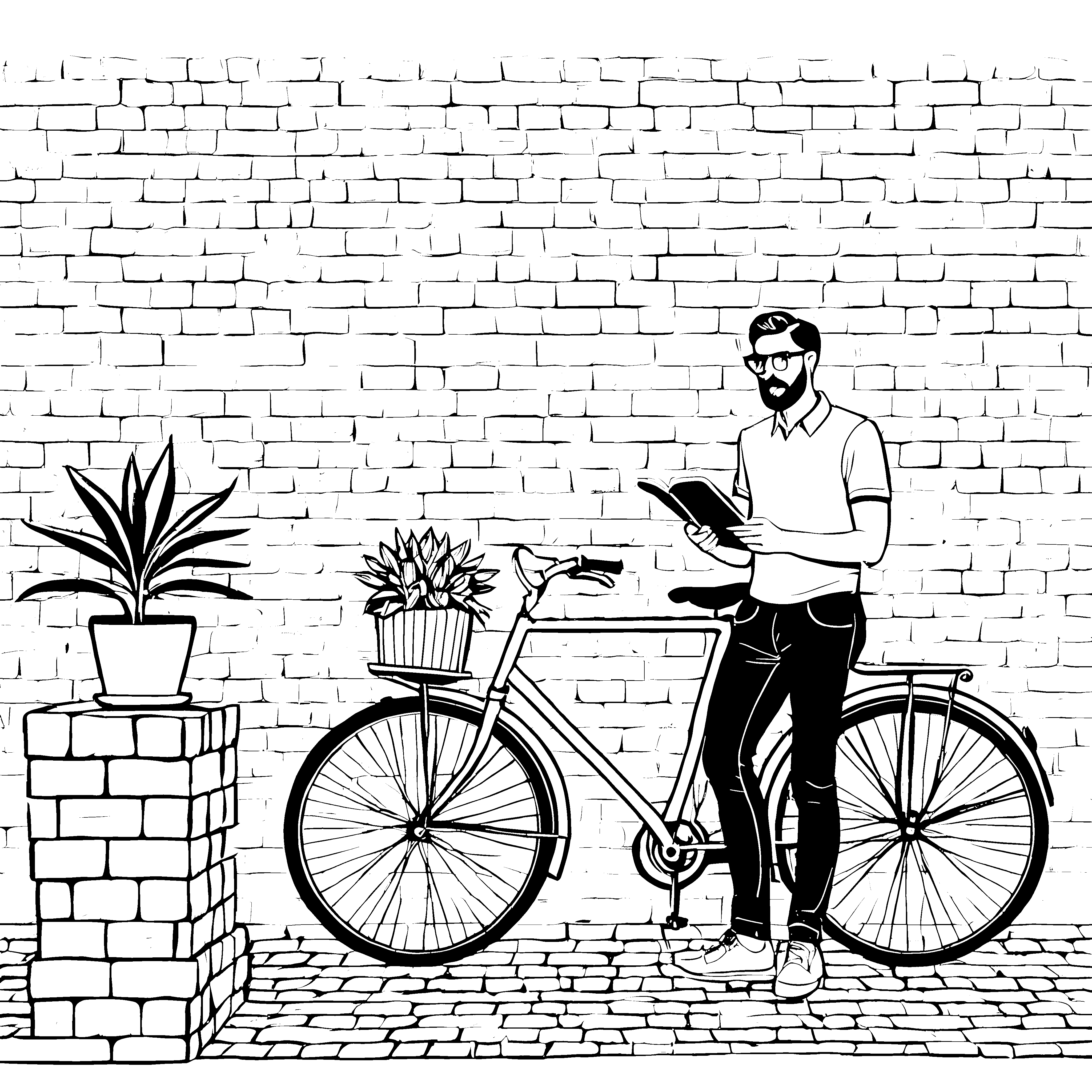 Stylischer Mann mit Buch und Fahrrad Malvorlage für kreative Stadtentdecker