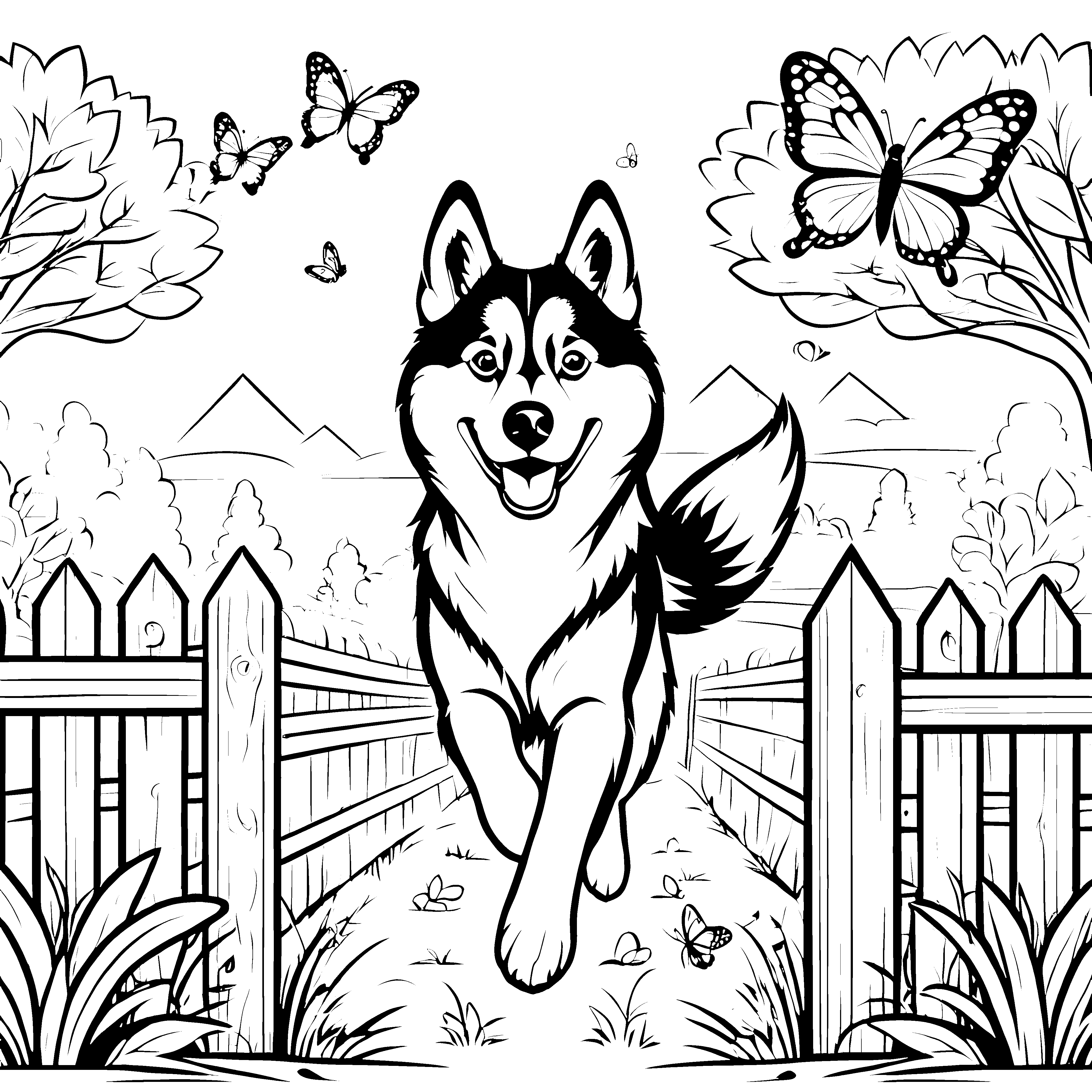 Lebhafter Husky auf dem Abenteuerspielplatz Ausmalmotiv für aufgeweckte Tierfreunde