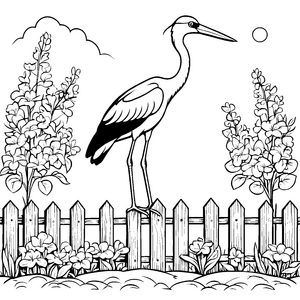 Storch auf dem Zaun mit blühenden Blumen Ausmalbild für fantasievolle Baumeister